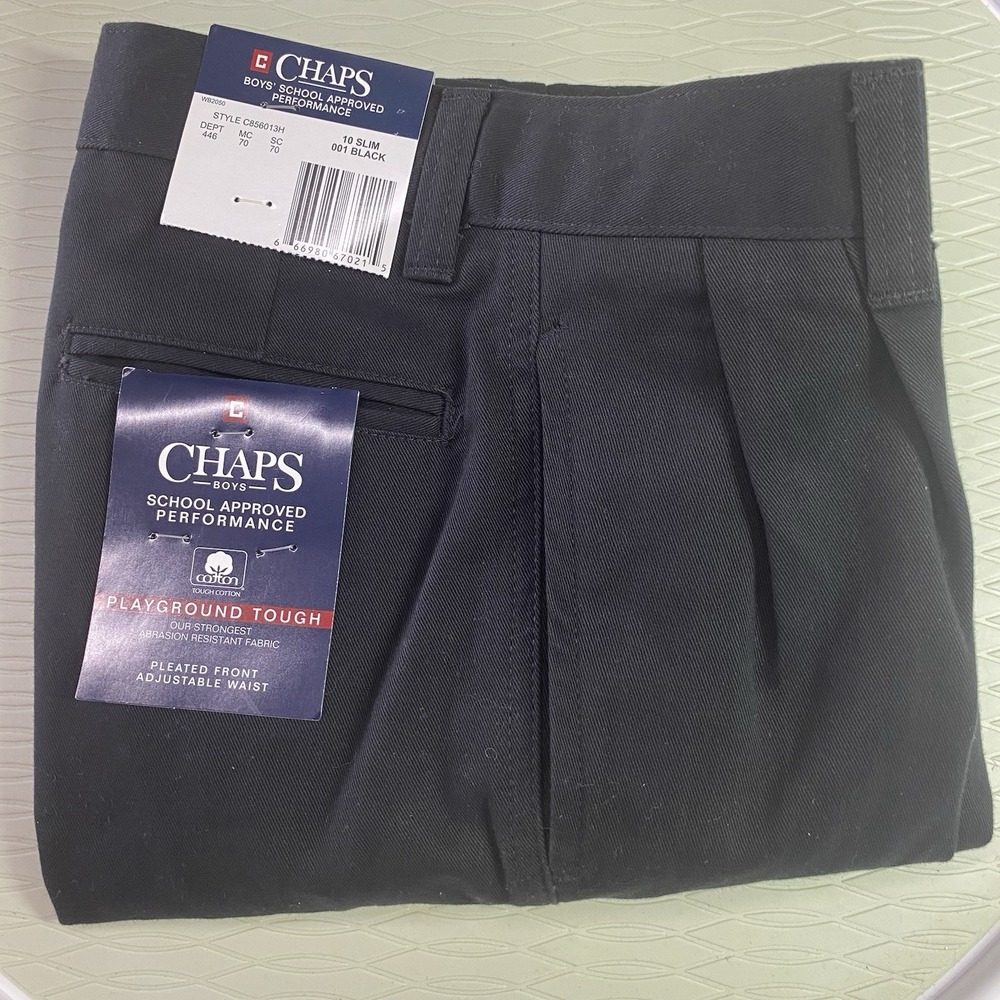 Chaps NWT Boys' School Approved Black Pleated Front Pants Size 10 Slim‎